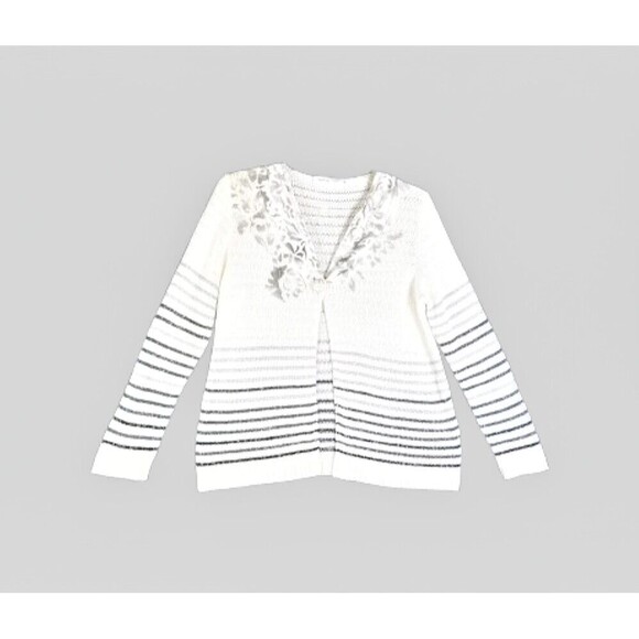 Sweaters - SKOVHUUS White Striped Cardigan Sweater Sz XL Gray Black Silver Stripes Italy